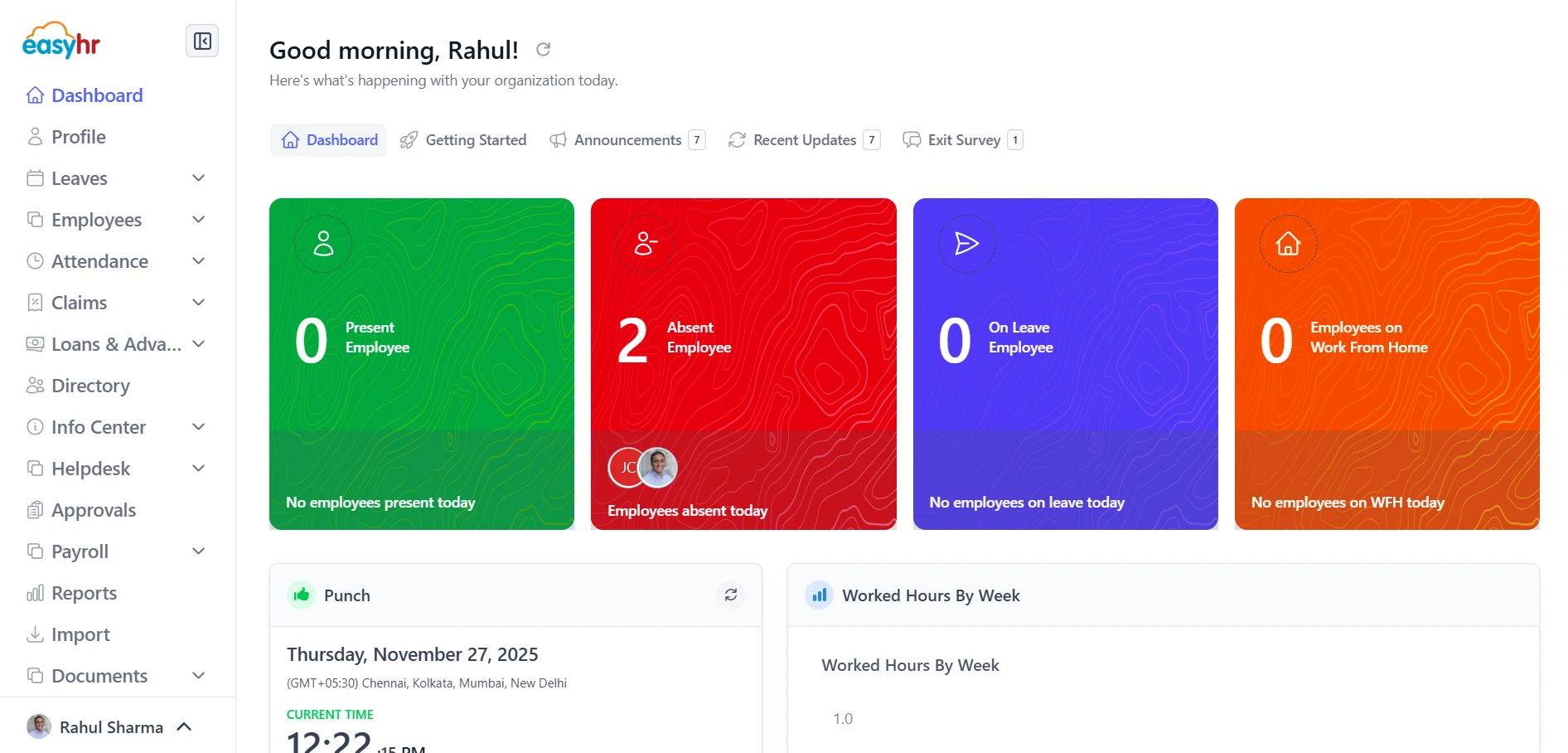 The new EasyHR dashboard with live attendance stats